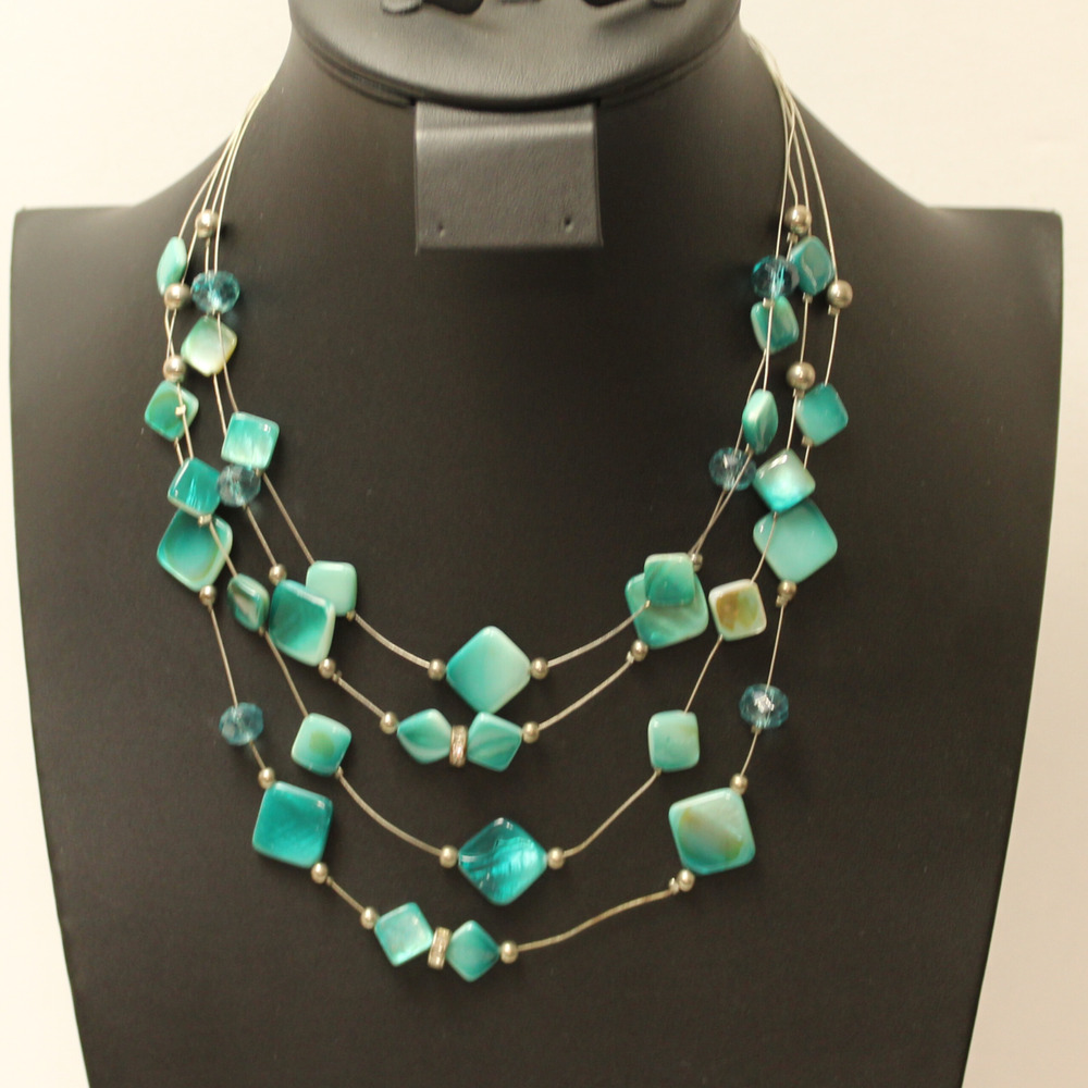Multiple Strand Silver Tone Necklace Wire 4 Strand Mermaidcore Seafoam Glass